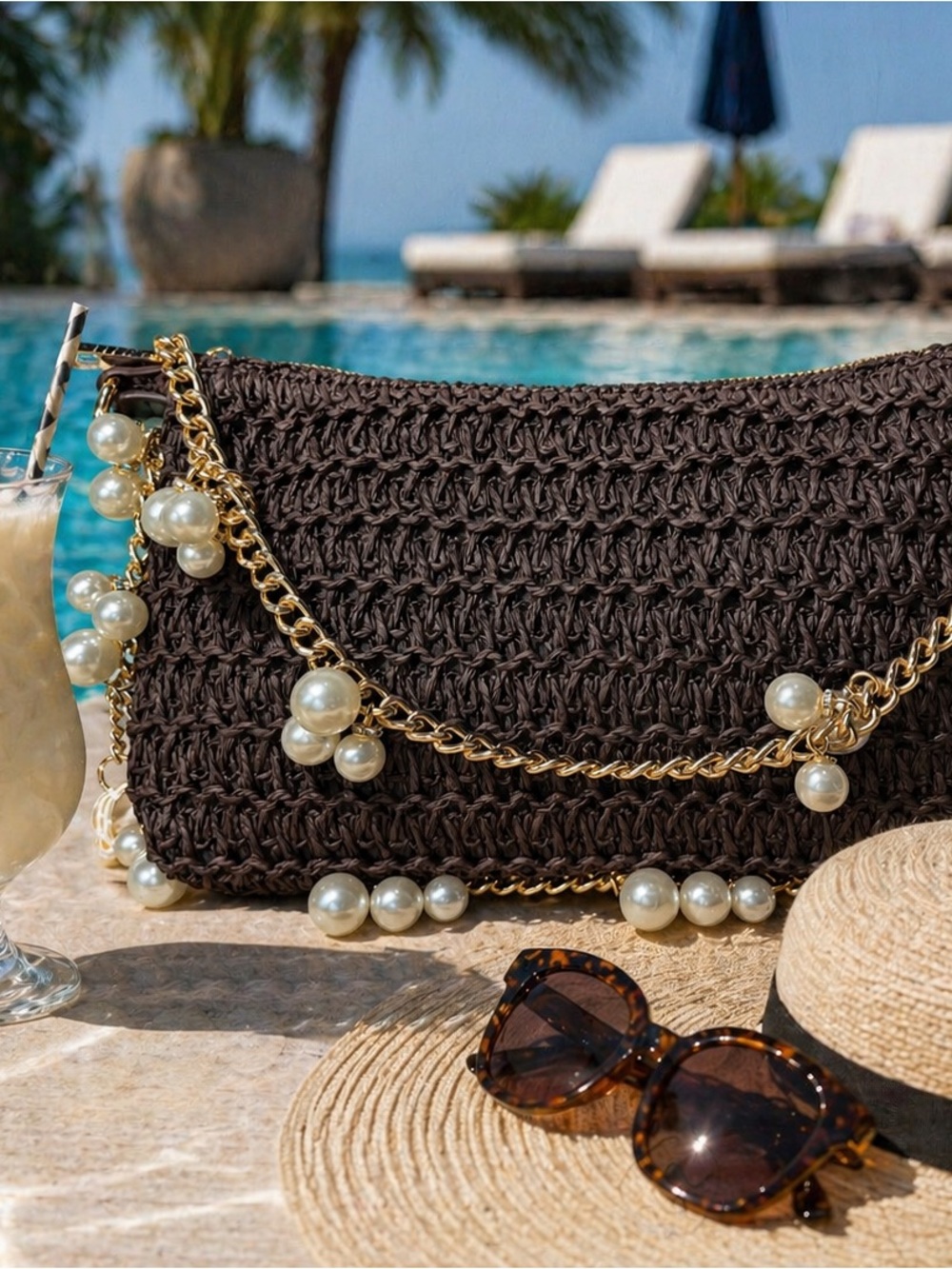 Brown Woven Clutch with Gold Chain and Pearl Accents